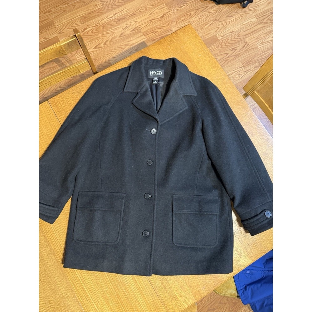 Vintage NY & Co Black Wool Blend Coat Womens 16 Button Front Car Coat Made USA